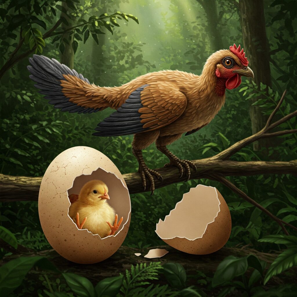 imagem ilustrativa de um possível ancestral da galinha que teria botado o primeiro ovo com uma mutação que teria dado origem à espécie como a conhecemos hoje. Quem surgiu primeiro, o ovo ou a galinha?
